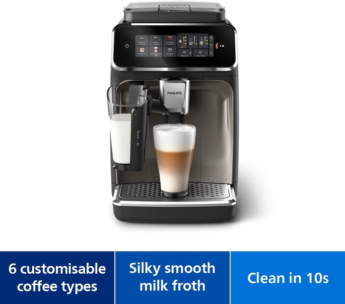 Philips Fully Automatic Espresso Machine Series 3300-6 Beverages, 1.8L Water Capacity, 1500W, LatteGo, SilentBrew, Coloured Touch Display, 12 Grinder Settings, Black Chrome - EP3347/90 - Electronics UAE