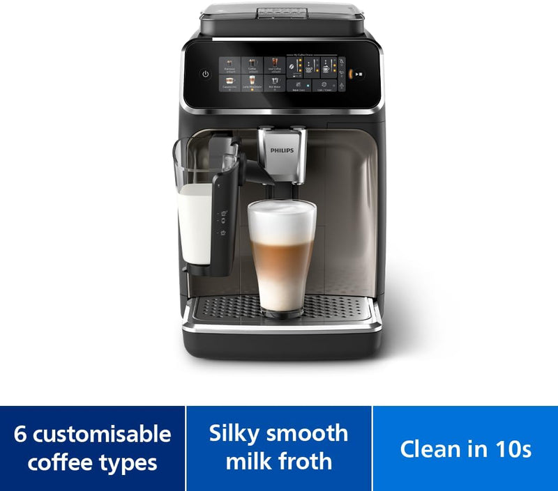 Philips Fully Automatic Espresso Machine Series 3300-6 Beverages, 1.8L Water Capacity, 1500W, LatteGo, SilentBrew, Coloured Touch Display, 12 Grinder Settings, Black Chrome - EP3347/90
