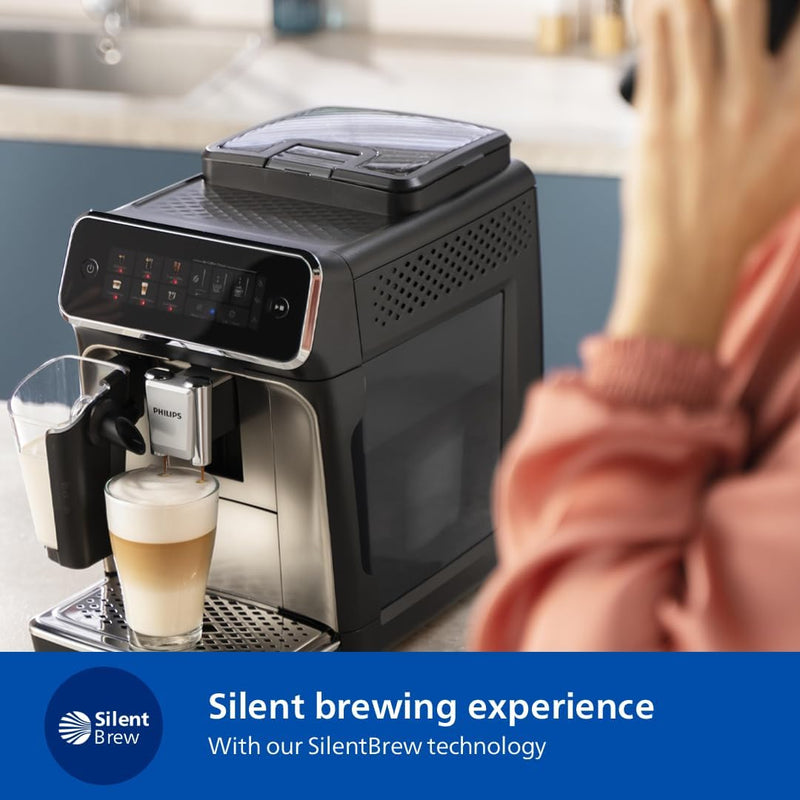 Philips Fully Automatic Espresso Machine Series 3300-6 Beverages, 1.8L Water Capacity, 1500W, LatteGo, SilentBrew, Coloured Touch Display, 12 Grinder Settings, Black Chrome - EP3347/90