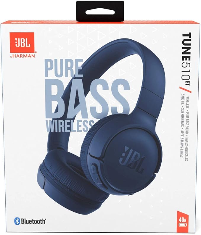 JBL Tune 510BT Wireless On Ear Headphones, Pure Bass Sound, 40H Battery, Speed Charge, Fast USB Type-C, Multi-Point Connection, Foldable Design, Voice Assistant