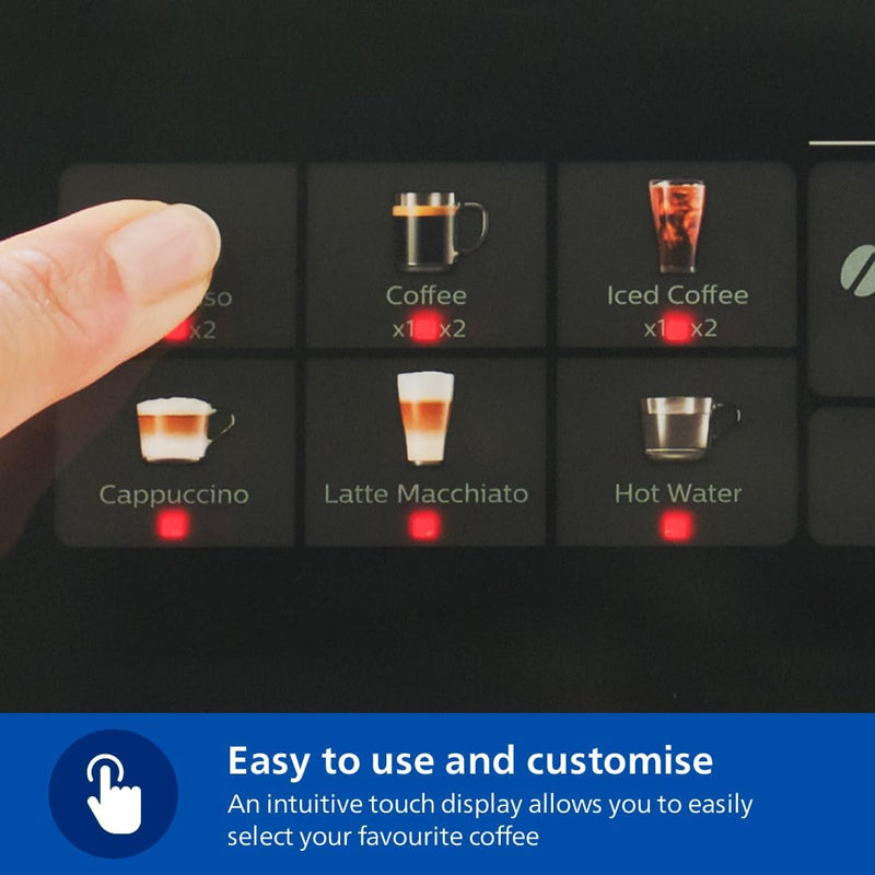 Philips Fully Automatic Espresso Machine Series 3300-6 Beverages, 1.8L Water Capacity, 1500W, LatteGo, SilentBrew, Coloured Touch Display, 12 Grinder Settings, Black Chrome - EP3347/90