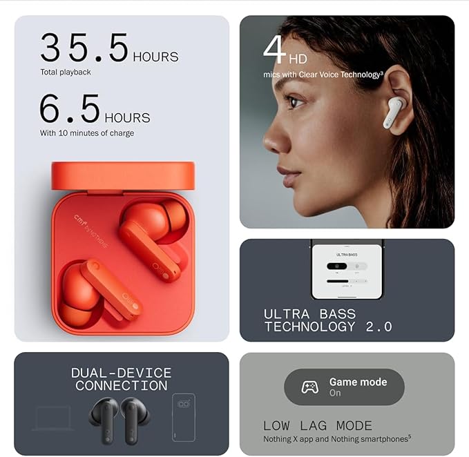 NOTHING Buds Wireless Earbuds,42dB Active Noise Cancellation,35.5H Playtime IP54 Waterproof Earphones,Bluetooth 5.3 Dual-Device Connection in Ear Headphones for iPhone & Android (Orange)