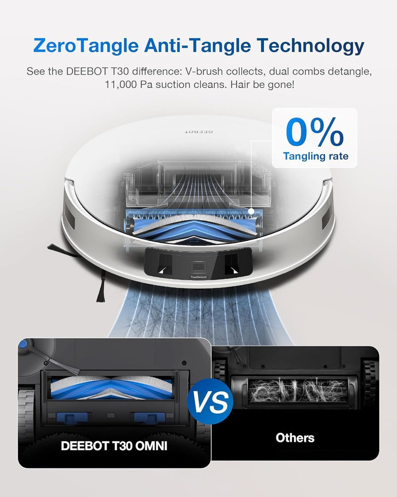 ECOVACS DEEBOT T30 PRO Omni Robot Vacuum Cleaner with Mop Function, TrueEdge Mopping, Zero Tangle Brush, 11,000 PA Suction Power with Hot Water and Smart Rewash, Silver