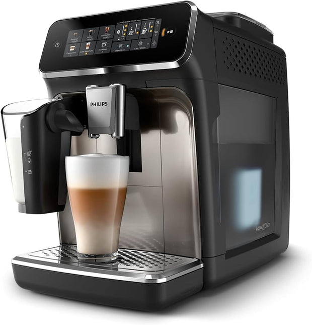 Philips Fully Automatic Espresso Machine Series 3300-6 Beverages, 1.8L Water Capacity, 1500W, LatteGo, SilentBrew, Coloured Touch Display, 12 Grinder Settings, Black Chrome - EP3347/90