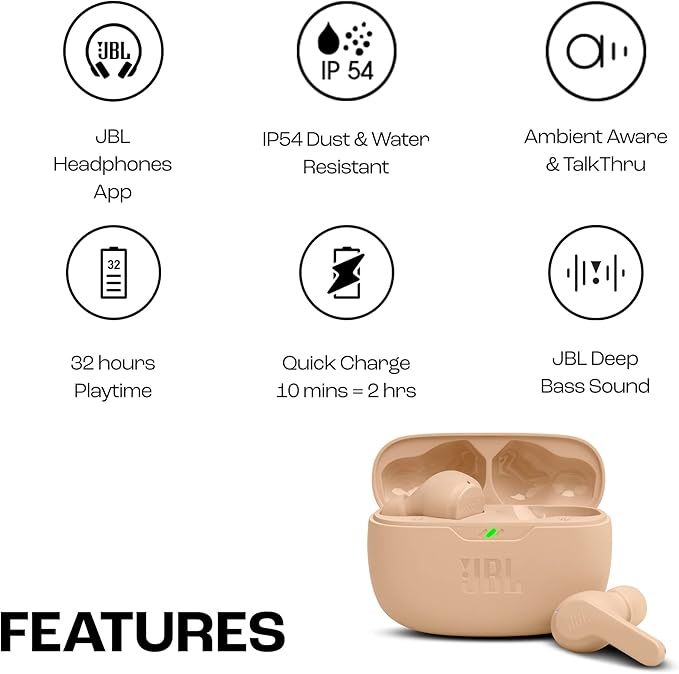 JBL Wave Beam 2 Adaptive Noise Cancelling with Smart Ambient True Wireless Earbuds, Deep Bass, Comfort Fit, 40H Battery, Hands-Free + VoiceAware, Water and Dust Resistant