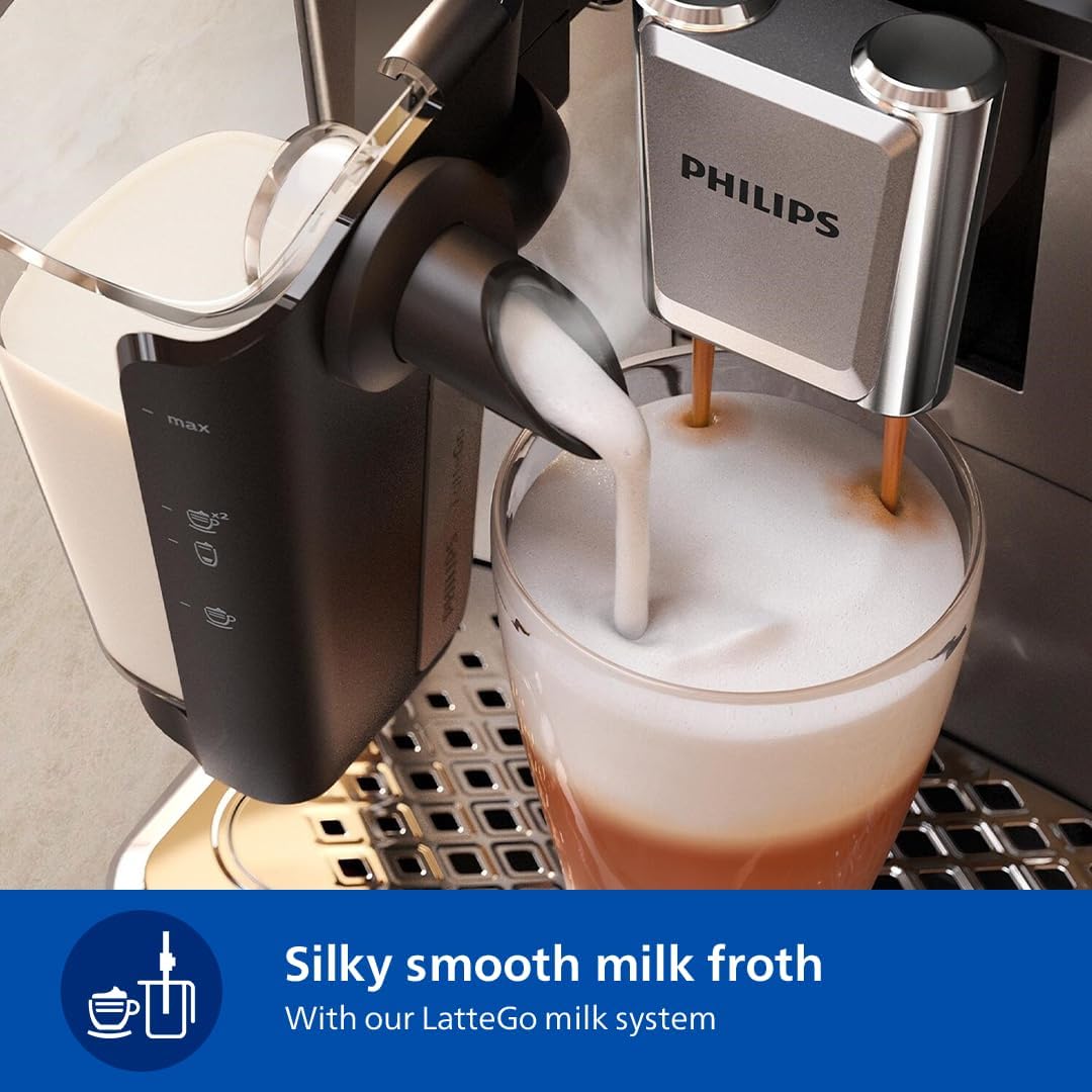 Philips Fully Automatic Espresso Machine Series 3300-6 Beverages, 1.8L Water Capacity, 1500W, LatteGo, SilentBrew, Coloured Touch Display, 12 Grinder Settings, Black Chrome - EP3347/90