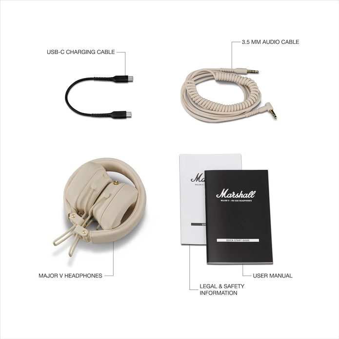 Marshall Major V Bluetooth Headphones - Foldable Bluetooth Wireless Headphones Bluetooth with 100+ Hours of Playtime (Black) - Headphones UAE