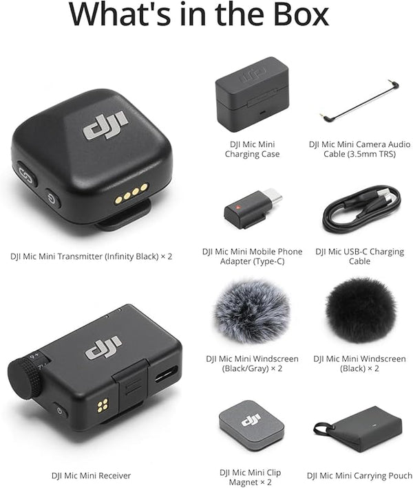 DJI Mic Mini (2TX+1RX+Charging Case), Detail-Rich Audio, 48h Use, Noise Cancelling, Automatic Limiting, Wireless Mic for Camera/iPhone/Android, Vlog, UAE Version, DJI Official Warranty Support