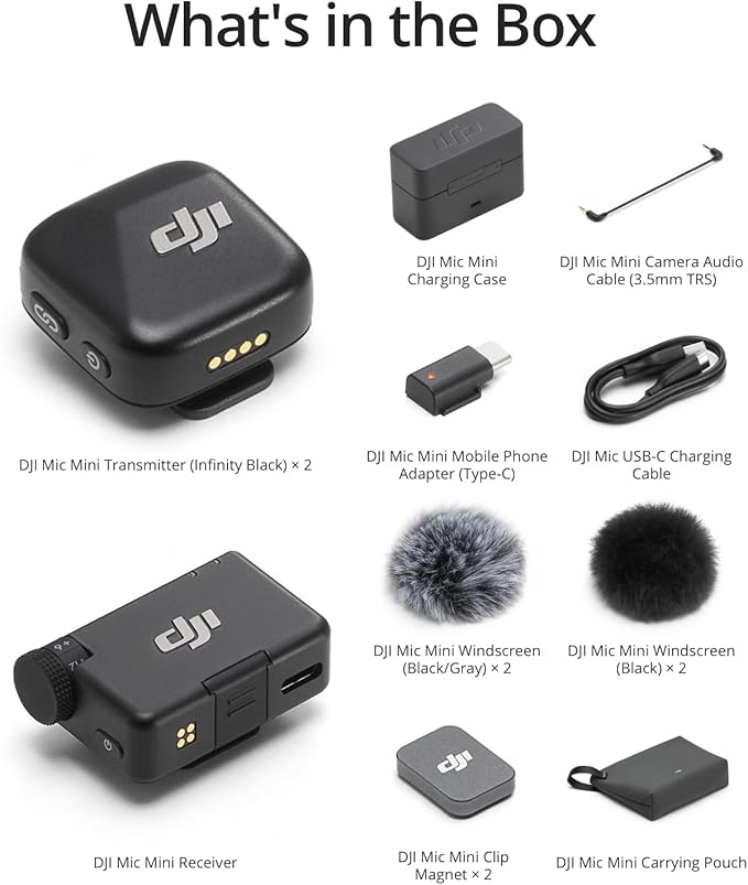 DJI Mic Mini (2TX+1RX+Charging Case), Detail-Rich Audio, 48h Use, Noise Cancelling, Automatic Limiting, Wireless Mic for Camera/iPhone/Android, Vlog, UAE Version, DJI Official Warranty Support