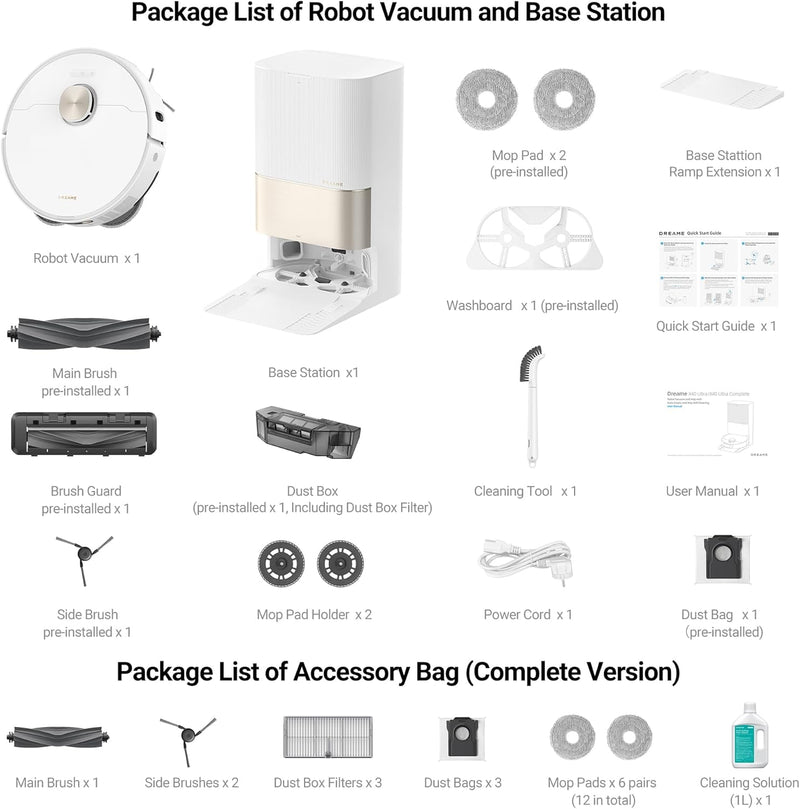 Dreame X40 Ultra Complete Robot Vacuum Cleaner, 12000 Pa Robotic Vacuum with Removable and Lift Mop, Extensive Cleaning with MopExtend technology, Self-Cleaning Mop in 70° Hot Water, 2 Years Warranty