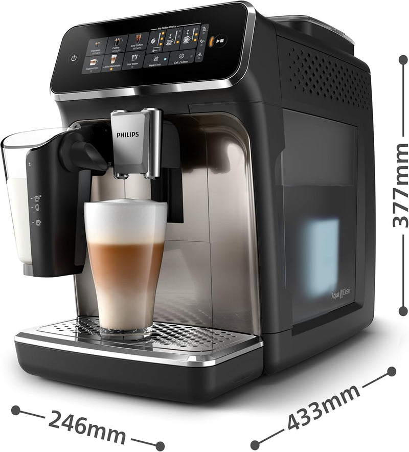Philips Fully Automatic Espresso Machine Series 3300-6 Beverages, 1.8L Water Capacity, 1500W, LatteGo, SilentBrew, Coloured Touch Display, 12 Grinder Settings, Black Chrome - EP3347/90