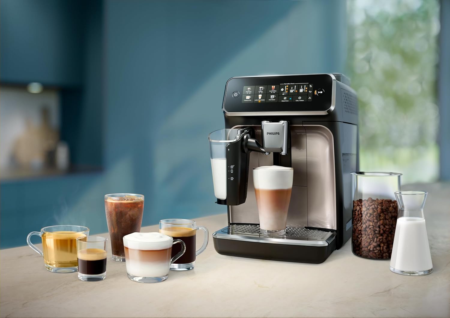 Philips Fully Automatic Espresso Machine Series 3300-6 Beverages, 1.8L Water Capacity, 1500W, LatteGo, SilentBrew, Coloured Touch Display, 12 Grinder Settings, Black Chrome - EP3347/90