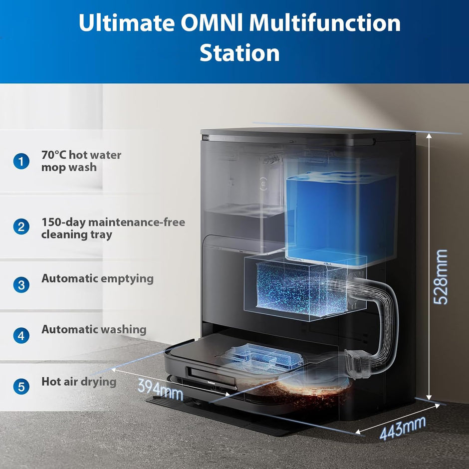 ECOVACS DEEBOT X5 PRO Omni, Vacuum and Mop Robot, 12800 Pa, Anti-Tangle, TruEdge™ Adaptive Edge Cleaning, Wipe with Warm Water at 70°C, Intelligent AINA 2.0 Navigation