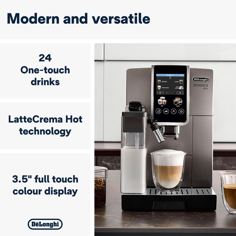DE'LONGHI Coffee Machine DINAMICA PLUS Fully Automatic Bean to Cup Coffee Machine, 24+ Functions, Ideal for Espresso, Americano, Cappuccino, Latte, Macchiato & Many More Coffee Recipes ECAM380.95.TB