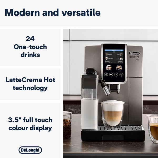 DE'LONGHI Coffee Machine DINAMICA PLUS Fully Automatic Bean to Cup Coffee Machine, 24+ Functions, Ideal for Espresso, Americano, Cappuccino, Latte, Macchiato & Many More Coffee Recipes ECAM380.95.TB