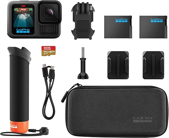 GoPro HERO13 Black Action Camera Accessory Bundle – 5.3K Video, HyperSmooth Stabilization, Includes The Handler, 2 Enduro Batteries, 64GB SanDisk microSD, Mounts & Carrying Case