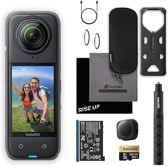 Insta360 X4 Waterproof 8K 360 Action Camera Kit | Live Stream, AI Editing, 72MP 360 Photo, 4K Wide-Angle Video Camera | Includes Selfie Stick, Lens Cap, & 256 GB Micro SD Card - Camera UAE