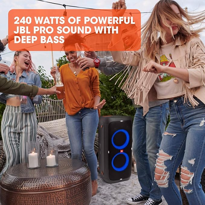 JBL PartyBox 310 Portable Party Speaker with Dazzling Lights and Powerful JBL Pro Sound, 18H Battery, Built-In Wheels, IPX4 Splashproof, SOund Effects, Karaoke Mode, USB Port
