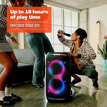 JBL PartyBox Stage 320 – Powerful JBL Pro Sound, Futuristic Lightshow, 18H Playtime, AI Sound Boost, Multi-Speaker Auracast & Dual Mic/Guitar Inputs, JBLPBSTAGE320UK (Renewed)