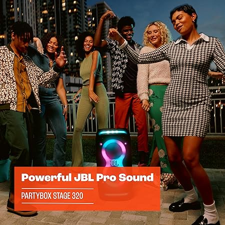 JBL PartyBox Stage 320 – Powerful JBL Pro Sound, Futuristic Lightshow, 18H Playtime, AI Sound Boost, Multi-Speaker Auracast & Dual Mic/Guitar Inputs, JBLPBSTAGE320UK (Renewed)