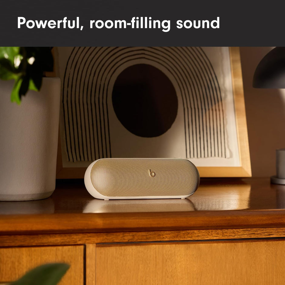 Beats Pill Portable Bluetooth Speaker – 24H Battery, USB-C Charging, IP67 Waterproof, Built-in Mic, Apple & Android Compatible – Champagne Gold
