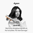 Woman using a Dyson airstrait hair straightener with the Dyson logo above.Dyson Airstrait Hair Straightener Nickel Copper wet to dry styling tool UAE