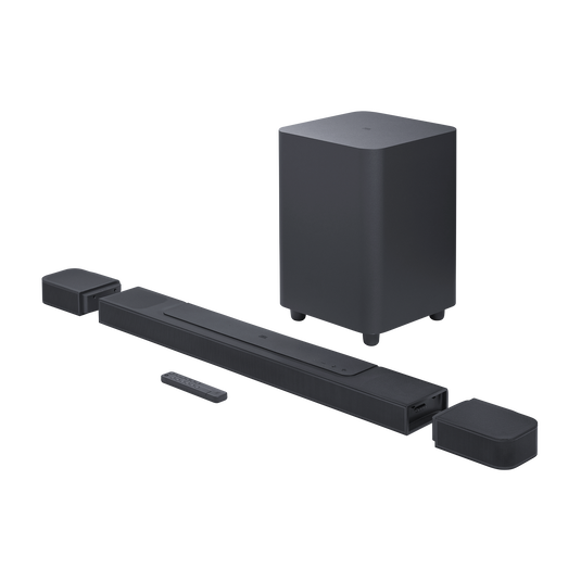 The JBL Bar 1000 envelops you in a sphere of 3D surround sound, thanks to four up-firing drivers, a thunderous subwoofer, and detachable wireless speakers.