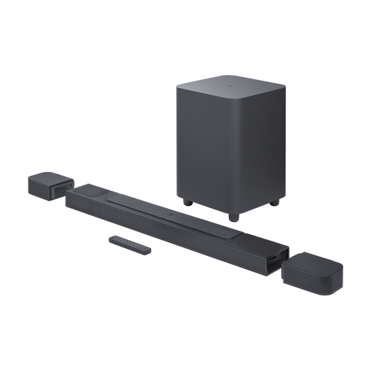 The JBL Bar 800 PRO with Dolby Atmos® includes two up-firing drivers, a 10” subwoofer